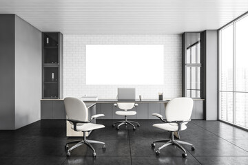 Mockup canvas in white office lobby room with laptop, chairs and table