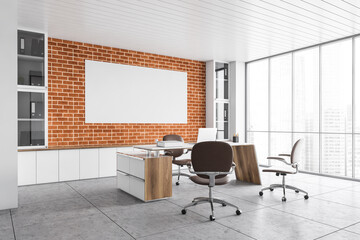 Mockup canvas in brick office lobby room with laptop, chairs and table