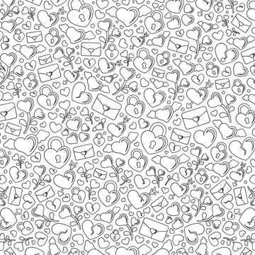 Valentine's, romance and love themed icons doodle collage black and white outline vector illustration. Detailed coloring book page design for adults.