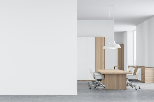 White and wooden CEO office interior with mock up wall, side view