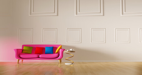 Pink sofa in a white room interior with frames on the walls and light wood parquet on the floor, 3D illustration