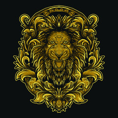 artwork illustration and t-shirt design lion head engraving ornament premium vector