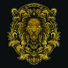 artwork illustration and t-shirt design lion head engraving ornament premium vector