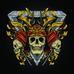 artwork illustration and t-shirt design samurai skull engraving ornament premium vector