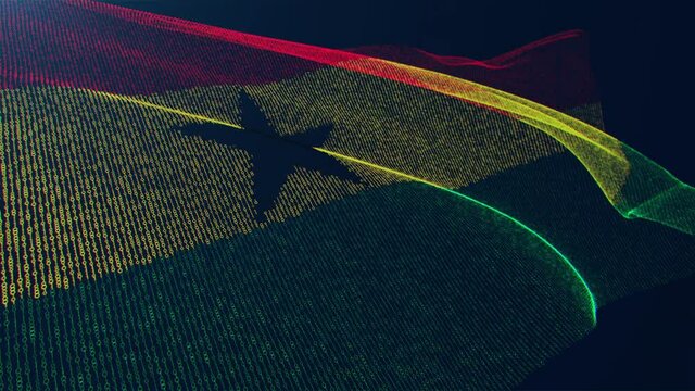 3d render. Ghana digital flag with binary code texture flies in the wind. Seamless loop.
