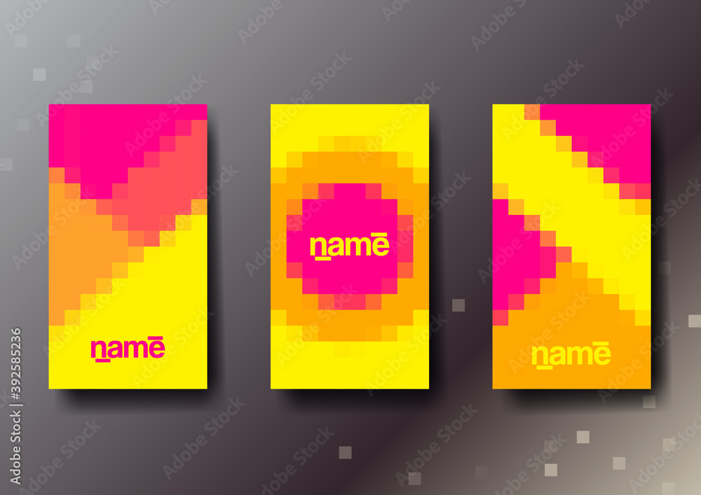 Poster set of three bright color abstract vertical business cards with pixel graphic elements and text. vec