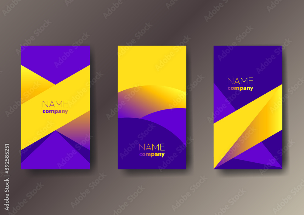 Aufkleber set of three bright color abstract vertical business cards with graphic elements and place for text.