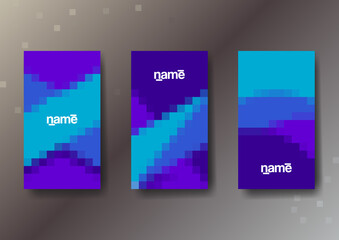 Fototapeta premium Set of three bright blue abstract vertical business cards with pixel graphic elements and text. Vector illustration.