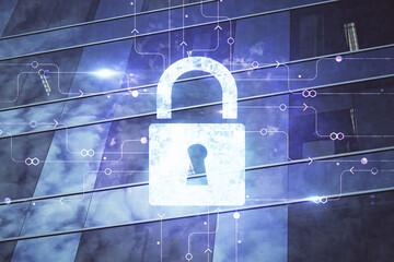 Lock icon hologram on city view with skyscrapers background multi exposure. Data security concept.