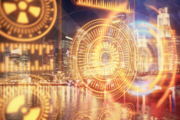 Double exposure of technology theme hologram and cityscape background. Concept of Hightech.