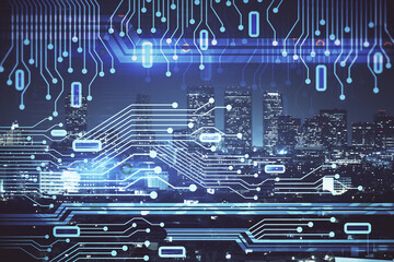 Data theme hologram drawing on city view with skyscrapers background multi exposure. Ai concept.