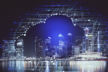 Data theme hologram drawing on city view with skyscrapers background multi exposure. Ai concept.
