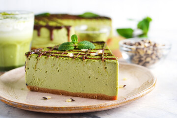 Cheesecake with japanese green matcha tea