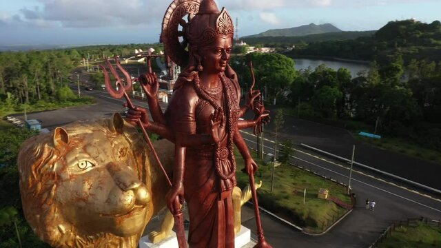 Aerial view: The Durga Mata Monument in Ganga Talao in Mauritius