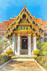 Fototapeta premium Buddhist temple colorful painting, Bodh Gaya, Bihar India.