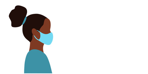 Banner with empty space for text. Black young female doctor head in blue medical mask side view. flat vector illustration
