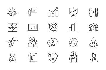 Income, finance and banking sector vector linear icons set. Business people outline symbols pack. Collection of business people and money icons isolated contour illustrations. Financial analytics