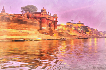 Chet Singh fort Cityscape from Ganges colorful painting, Varanasi, Uttar Pradesh, India.