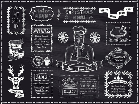 Chalk Christmas menus set, vector hand drawn illustration with holiday menu and chef cook - desserts, breakfast, main dish, appetizers, winter menu