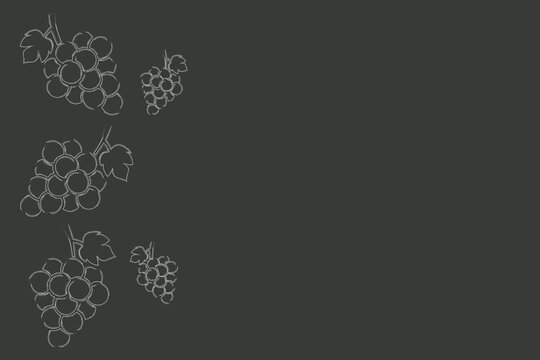 Grapes drawn in chalk on a black background. Drawn frame. Empty background for text