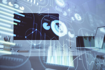 Double exposure of desktop with personal computer on background and tech theme drawing. Concept of Bigdata.