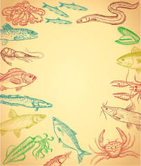 Fish and seafood frame, hand drawn graphic illustration with empty space for text