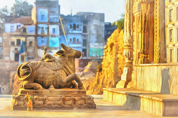 Hinduist temple colorful painting, Varanasi, Uttar Pradesh, India.
