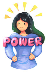 Smart woman watercolor clipart. Office girl cartoon character, Drawing by watercolor. Hand drawn illustration. Isolated on white background.