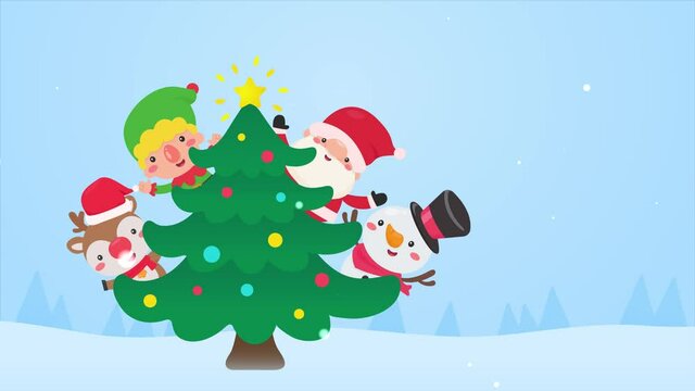 Cartoon Santa and friends help each other decorate the Christmas tree with Christmas balls and stars glowing during a snowy winter.