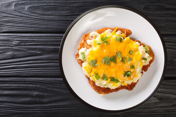English cuisine breaded chicken fillet cooked with bechamel sauce and cheddar cheese close-up in a plate on the table. horizontal top view from above