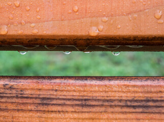 Close up with rain drops on a wooden surface or bench.