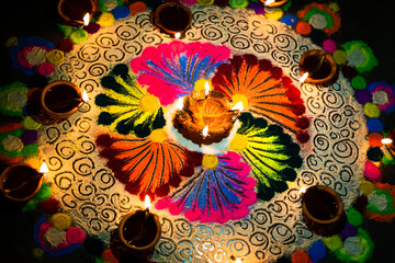 A diya rangoli made on occasion of Hindu festival 'Diwali' in India.