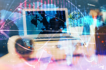Multi exposure of business theme icons and work space with computer background. Concept of success.