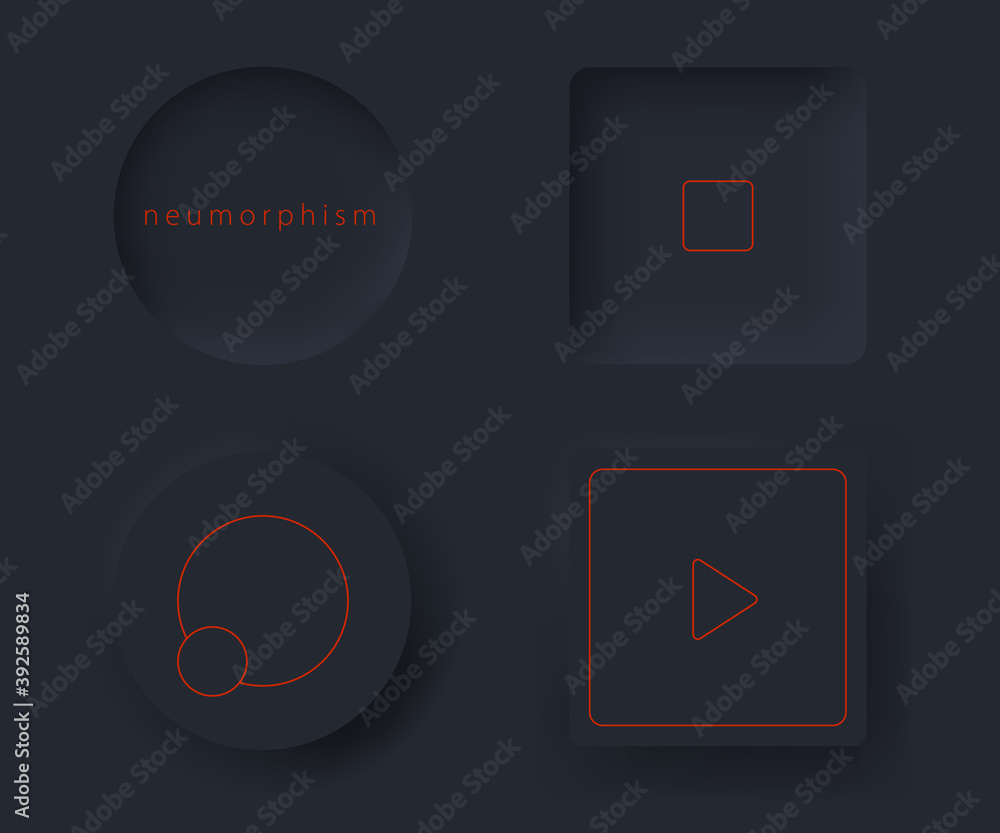 Poster geometric buttons black neumorphism design elements. high tech style for usability app vector.
