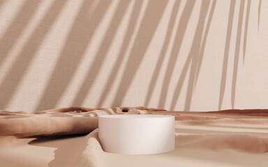Podium, stand, platform in silk fabric, nude drop - 3D render. Simple modern background with tropical shadows for advertising, branding and product presentation. Spa care, relaxation - illustration.