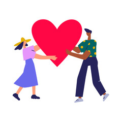 Girl and boy holding red paper heart. Cartoon flat vector illustration isolated on white background. Concept of love and happy valentine day.
