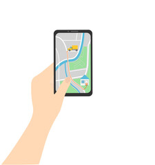 Hand holding mobile smartphone with mobile app delivery tracking. Vector flat info graphics design on delivery tracking application