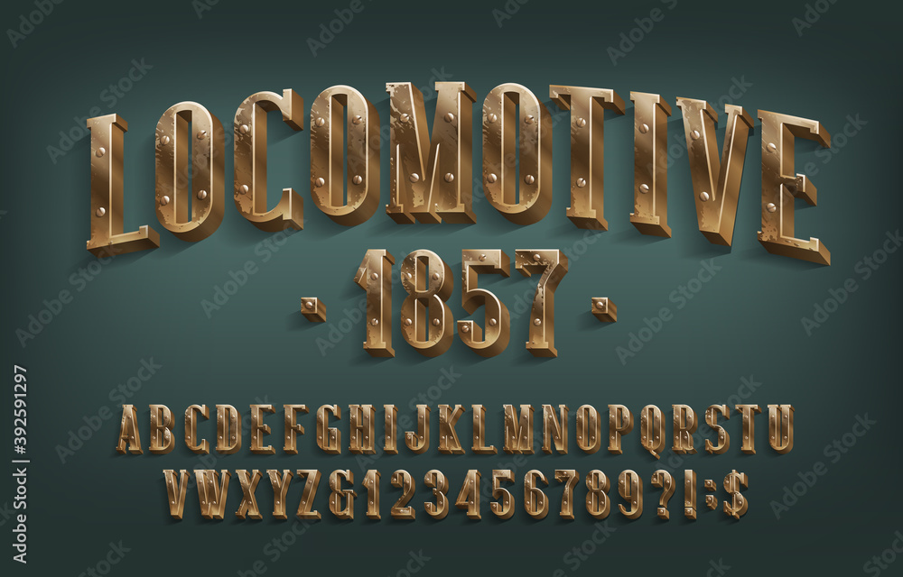 Fototapete locomotive 1857 alphabet font. 3d brass letters and numbers with screws. stock vector typescript for