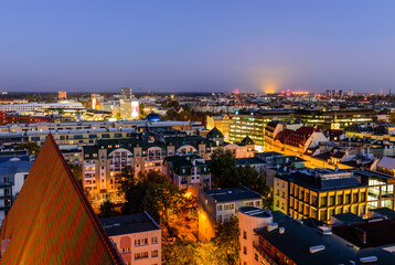 Obraz premium Sightseeing of Poland. Cityscape of Wroclaw, beautiful aerial night view. 