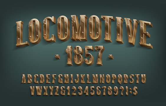 Locomotive 1857 alphabet font. 3D brass letters and numbers with screws. Stock vector typescript for your design.