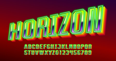 Horizon alphabet font. Neon color 3d letters and numbers. Stock vector typescript for your typography design.