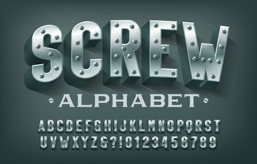Screw alphabet font. 3D metal letters and numbers. Stock vector typeface for your design.