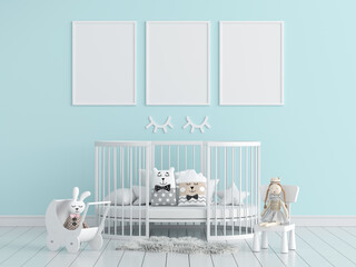 Blank photo frame for mockup in blue child room, 3D rendering