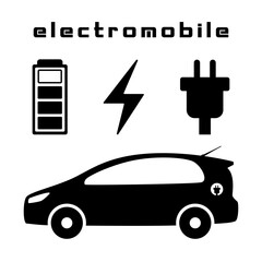 Electromobile. Icons for charge, battery, socket, car refueling.