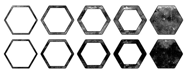 Eroded texture shapes. Hexagons with rough printed, halftone lines screen print texture Variety of rough and subtle textures for stamp, callout, logo, icon backgrounds.