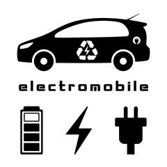Electromobile. Icons for charge, battery, socket, car refueling.