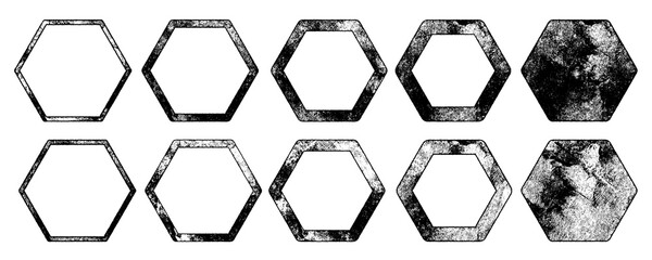 Eroded texture shapes. Hexagons with rough rolled ink textures taken from high resolution scans. Variety of rough and subtle textures for stamp, callout, logo, icon backgrounds. High quality vectors