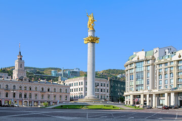 Freedom Square in Tbilisi with Freedom Monument depicting St George slaying the dragon, Georgia