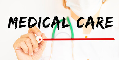 Doctor writting text MEDICAL CARE with marker. Medical concept