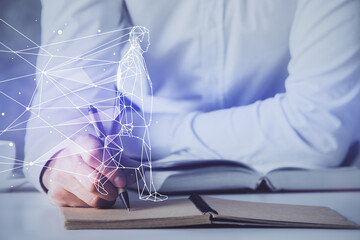 Creative start up concept hologram double exposure with human hand background.